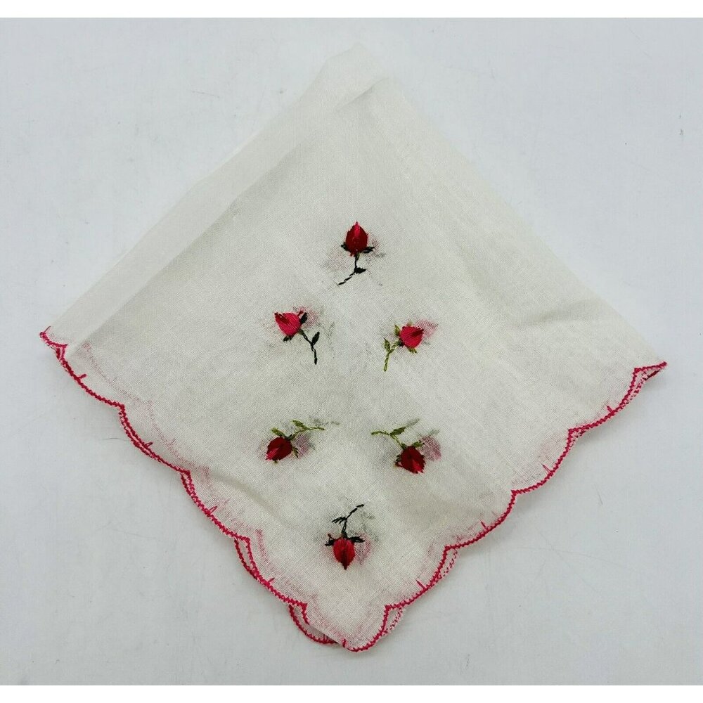 Vintage Womens Sheer White Hankie‎ Red Roses Floral Embroidered Scalloped Edge